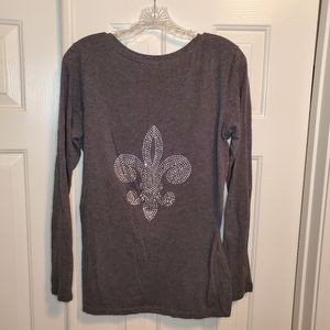 Women's Long Sleeve Tee Shirt with Rhinestone Fleur-de-lis